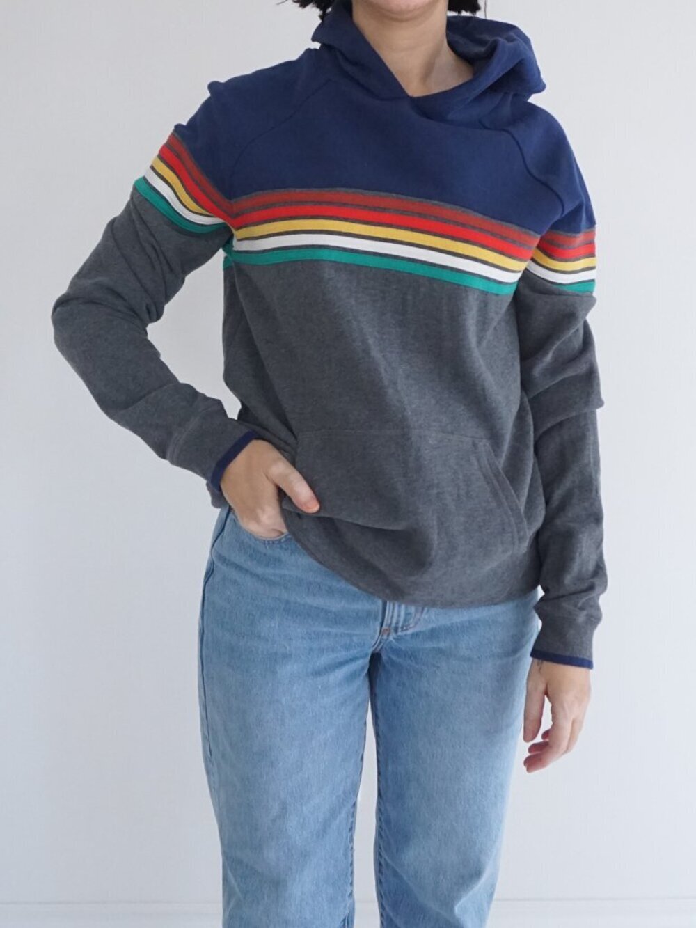 Boden Navy Grey Rainbow Stripe Cotton Hooded Multicolor Stripe Preppy XS